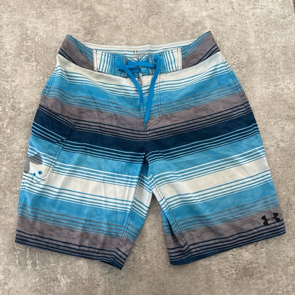 Under Armour Men's Blue and Gray Striped Board Shorts - Picture 1 of 6
